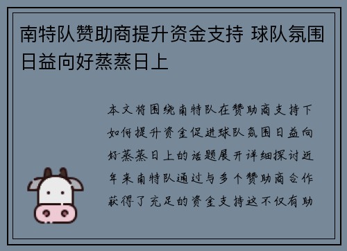 南特队赞助商提升资金支持 球队氛围日益向好蒸蒸日上