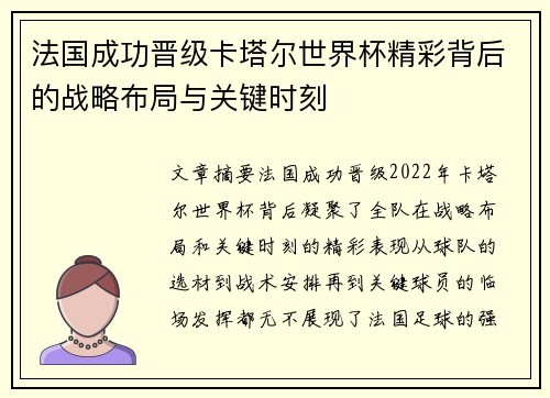 法国成功晋级卡塔尔世界杯精彩背后的战略布局与关键时刻