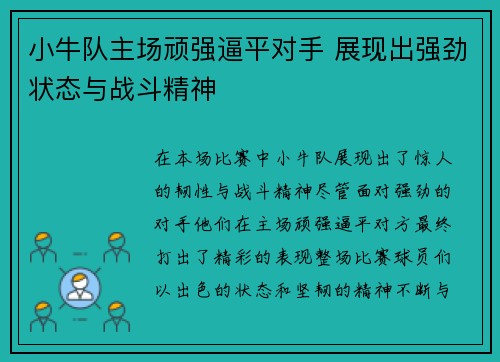小牛队主场顽强逼平对手 展现出强劲状态与战斗精神