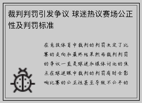 裁判判罚引发争议 球迷热议赛场公正性及判罚标准